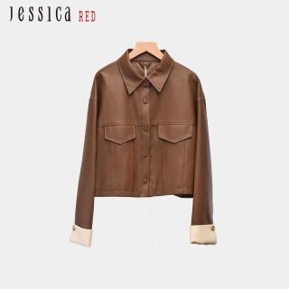 【Jessica Red】個性百搭襯衫領單排釦仿皮衣外套R44004