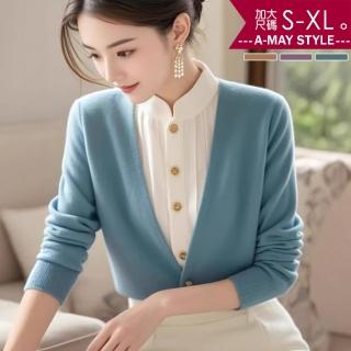 【Amay Style 艾美時尚】冬新品 中大尺碼女裝 針織 上衣 假兩件優雅小立領排扣毛衣針織衫。S-XL(3色.預購)