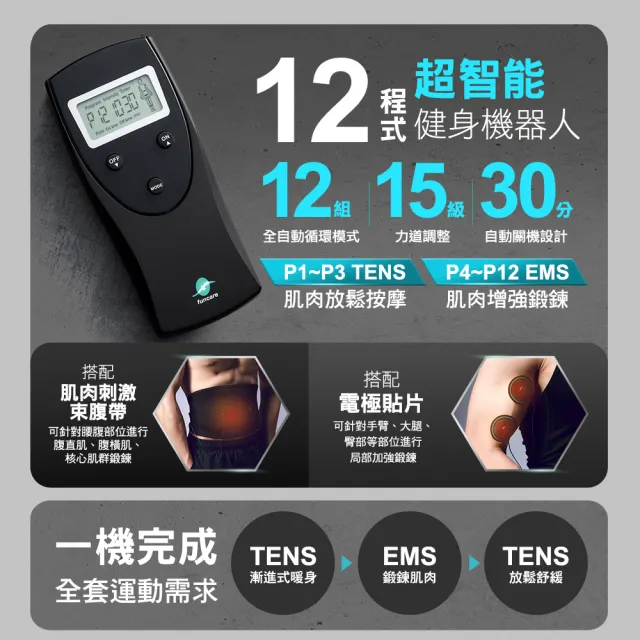 【funcare 船井生醫】動力式肌肉刺鍛鍊+束腹帶+贈專用耗材組(智能核心鍛鍊.舒子晨&管麟愛用推薦)