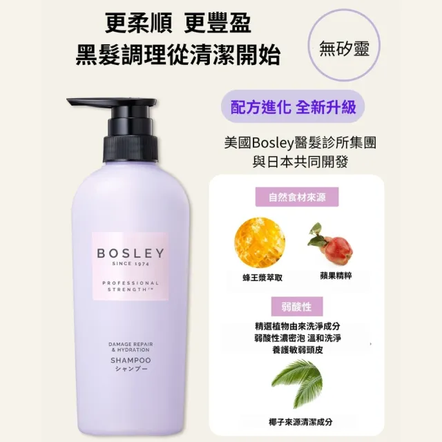 【Bosley】黑髮洗髮精400ml+黑髮潤護乳400ml(受損黑髮潤護)