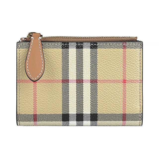 BURBERRY 巴寶莉 BURBERRY燙金LOGO格紋PVC 6卡釦式拉鍊短夾(小/典藏米)