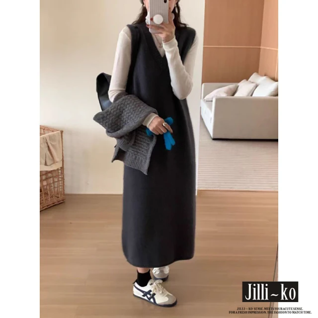 JILLI-KO V領中長款直筒無袖針織連衣裙-F(黑/深灰)