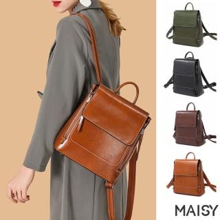 【MAISY】復古時尚真皮側揹包 雙肩包 後揹包(綠色 / 棕色 / 咖啡色 / 黑色)