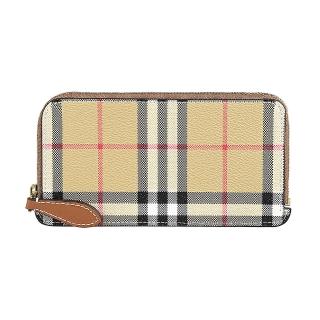 【BURBERRY 巴寶莉】BURBER內裡皮標燙印金字LOGO都市格紋設計PVC拼牛皮6卡對拉鍊長卡夾包(典藏米)