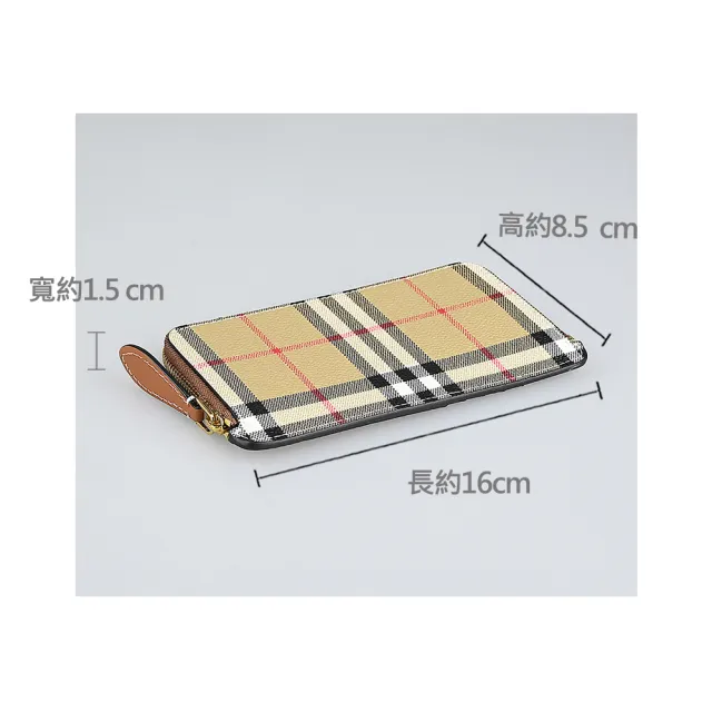 【BURBERRY 巴寶莉】BURBER內裡皮標燙印金字LOGO都市格紋設計PVC拼牛皮6卡對拉鍊長卡夾包(典藏米)