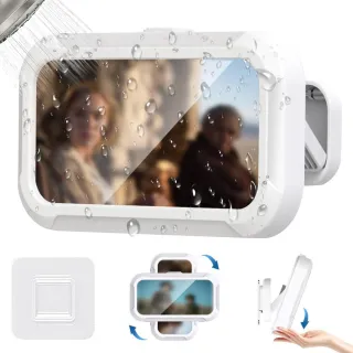 【AHOYE】360°旋轉伸縮免打孔防水手機支架(防水手機盒 浴室手機架 追劇架)