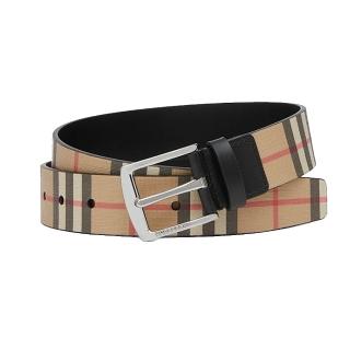 【BURBERRY 巴寶莉】經典格紋方釦帆布拼牛皮腰帶皮帶