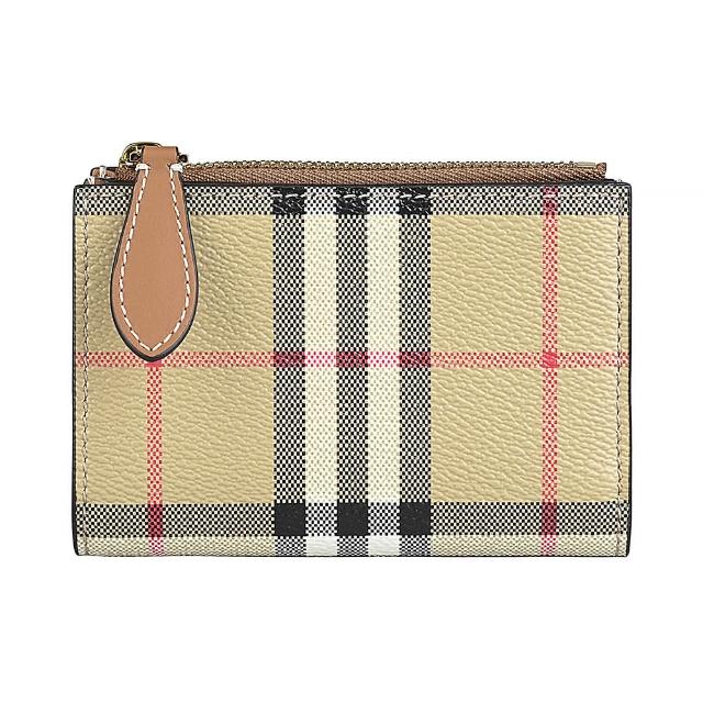 【BURBERRY 巴寶莉】BURBERRY燙金LOGO格紋PVC 6卡釦式拉鍊短夾(小/典藏米)