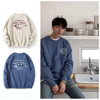 【Dition】復古麵包印花大學服 保暖刷毛長袖上衣(寬版oversize 戶外休閒)