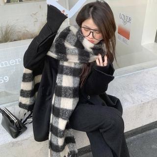 【LEESA】格紋圍巾\流蘇圍巾\加厚圍巾\簡約圍巾\馬海毛圍巾\仿羊絨披肩\百搭配件\披肩\披巾\圍巾\圍脖