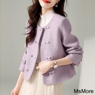 【MsMore】韓版輕奢氣質紫色小香風圓領毛呢時尚休閒寬鬆短版外套#114438(紫色)