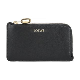 【LOEWE 羅威】LOEWE Pebble燙金LOGO納帕小牛皮4卡拉鍊卡片零錢包(黑)