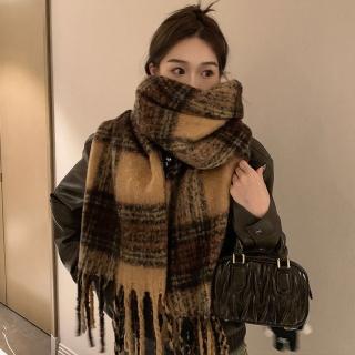 【LEESA】棕色圍巾\格子圍巾\流蘇圍巾\馬海毛圍巾\美拉德\披巾\圍脖\百搭配件\加厚圍脖\仿羊絨圍巾