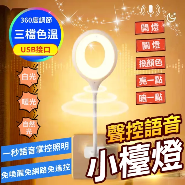 【豪麥源】聲控小夜燈 圓圈款 2入(AI智能USB檯燈 桌面台燈 立式語音控制LED燈 三色燈光多種亮度)