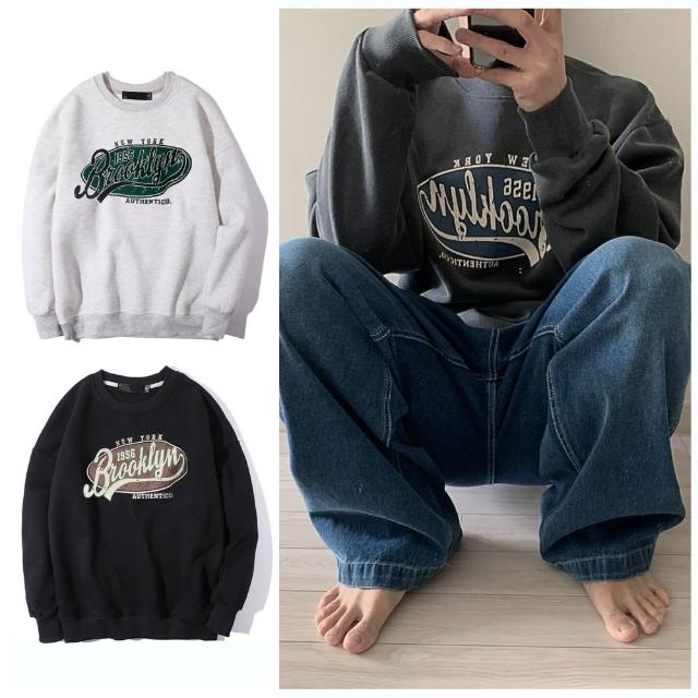 【Dition】布魯克林印花大學服 復古斑駁刷毛長袖上衣(寬版oversize)