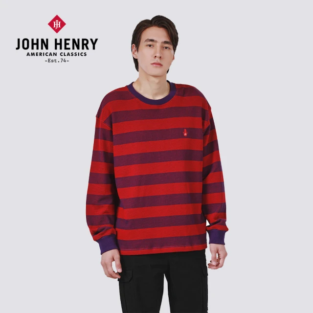 JOHN HENRY 圓領橫條紋針織衫-紅色