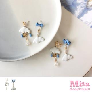 【MISA】韓國設計不對稱可愛雲朵蝴蝶結造型夾式耳環(夾式耳環 不對稱耳環 雲朵耳環)