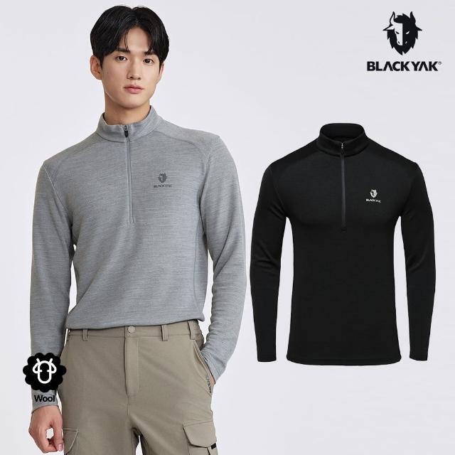 【BLACK YAK】男 WOOL BLENDED長袖半開襟[黑色/麻花灰]DB2MC907(秋冬 美麗諾羊毛 半開襟 男上衣)