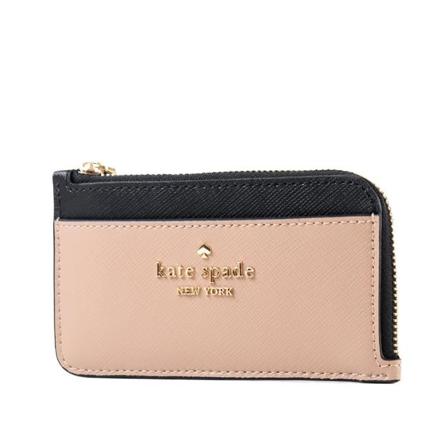 【KATE SPADE】拚色防刮十字紋證件零錢包-黑/奶茶色