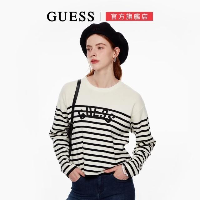 【GUESS】休閒LOGO撞色條紋針織上衣(白色)