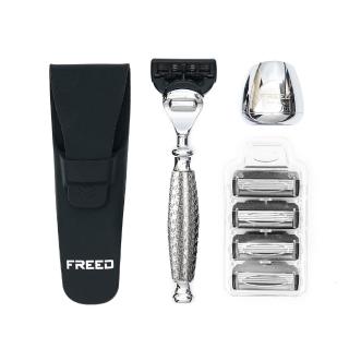 【FREED】尊爵四件組五刀式刮鬍刀禮盒 - F滿版鍍鎳浮雕(刮鬍刀界的勞斯萊斯)