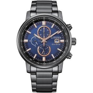 【CITIZEN 星辰】Chronograph 亞洲限定 光動能碼錶計時腕錶-黑藍(CA0845-83L)