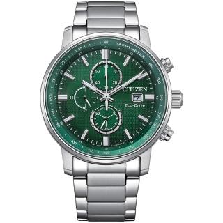 【CITIZEN 星辰】Chronograph 亞洲限定 光動能碼錶計時腕錶-銀綠(CA0840-87X)