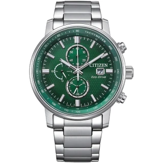 【CITIZEN 星辰】Chronograph 亞洲限定 光動能碼錶計時腕錶-銀綠(CA0840-87X)