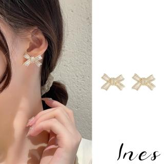 【INES】韓國設計法式氣質珍珠綴邊滴釉蝴蝶結造型夾式耳環(2色任選 無耳洞耳環 耳夾 夾式耳環)