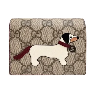 【GUCCI 古馳】818767 新款帆布系列臘腸狗細節皮革貼飾零錢袋暗釦錢包短夾(棕色)