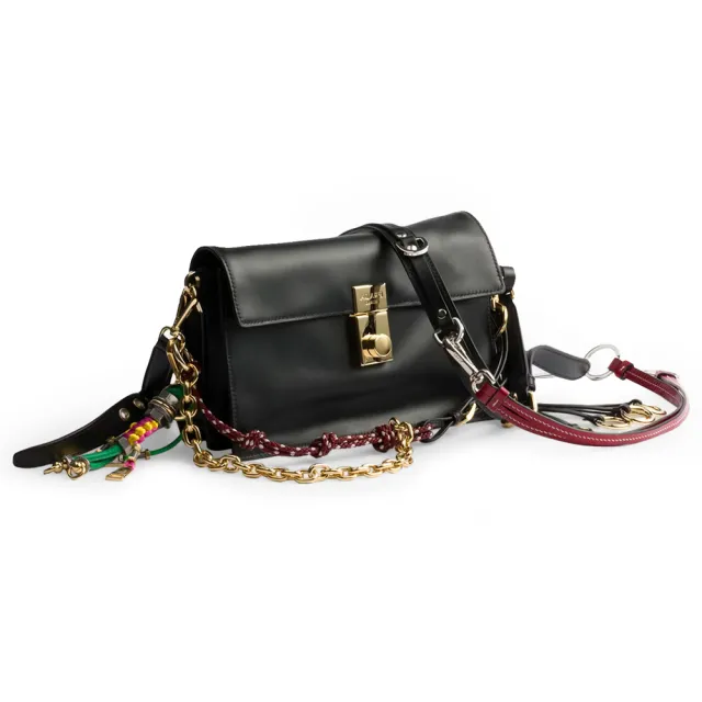 【PRADA 普拉達】1BD379 新款Soft Sound系列豐富墜飾元素柔軟細膩牛皮手拿肩背包(黑色)