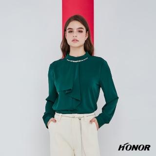 【HONOR 山形屋】用雙層珍珠項鍊打褶上衣-黃/綠(MOMO獨家限定)