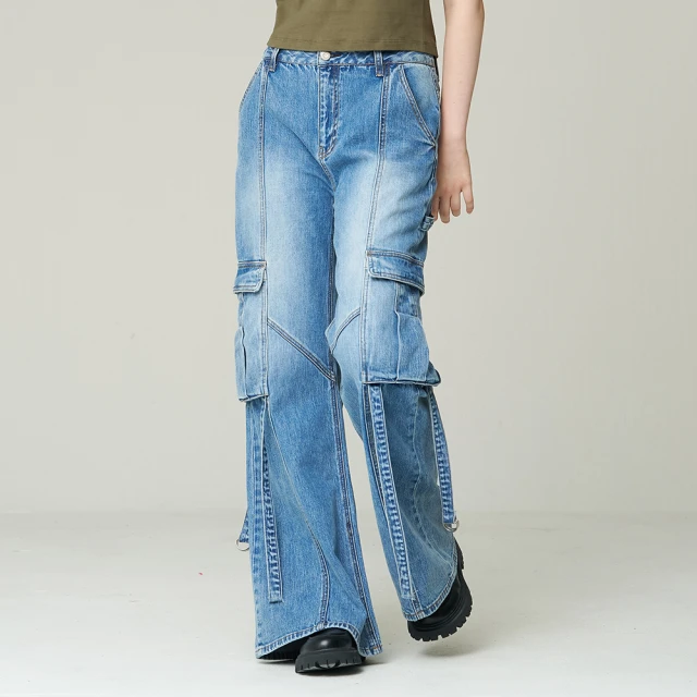 Superdry 韓版 女款 牛仔褲 丹寧長褲 Denim Flared Cargo(淺靛藍)