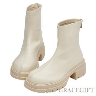 【Grace Gift】顯瘦秘訣圓頭中車線彈力厚底短靴(米白)