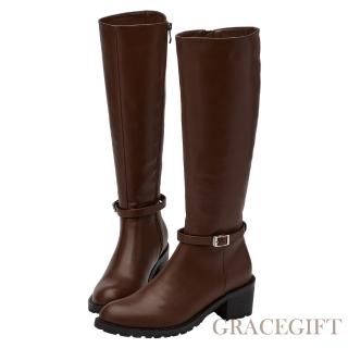 【Grace Gift】佑妮聯名-經典剪裁2WAY皮帶釦中跟長靴(咖)