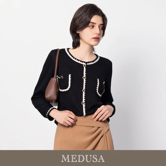 MEDUSA 曼度莎 現貨-針織滾邊方格紋理小香風上衣（M-XL）｜女長袖上衣 女上班上衣(501-15001)