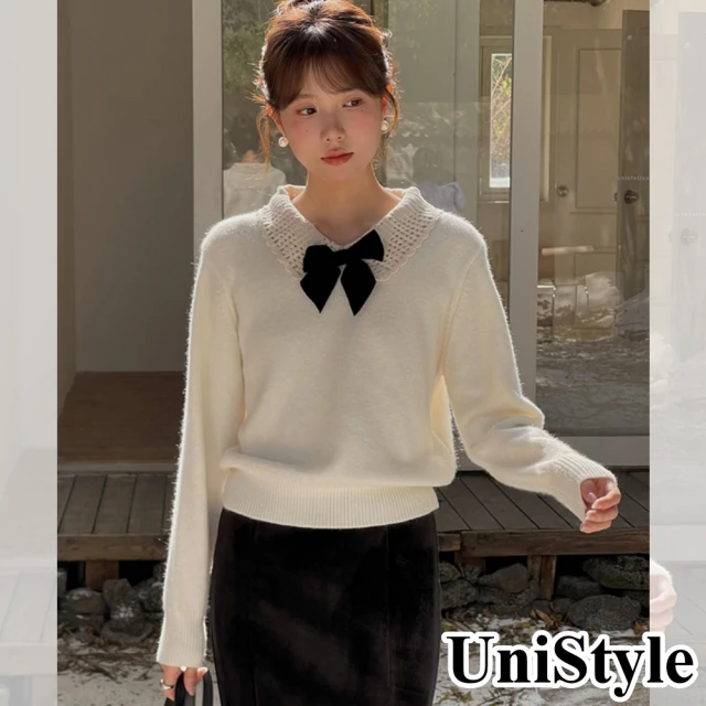 UniStyle 甜美長袖毛衣 韓版翻領拼接蝴蝶結上衣 女 EAJ481B(杏)