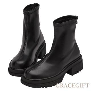 【Grace Gift】顯瘦秘訣圓頭中車線彈力厚底短靴(黑)