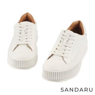 【SANDARU 山打努】小白鞋 真皮綁帶直紋厚底休閒鞋(白)