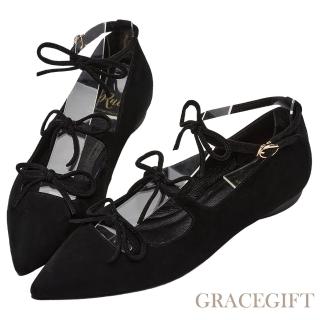 【Grace Gift】小貓聯名-浪漫邂逅全真皮尖頭蝴蝶結芭蕾平底鞋(黑)