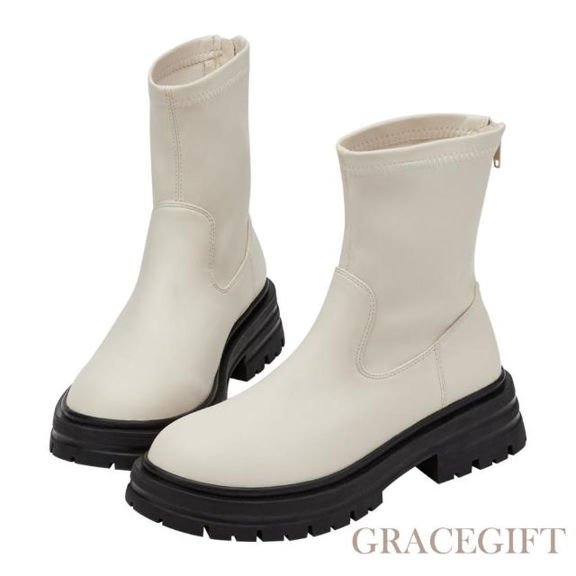 【Grace Gift】彈力顯瘦鬆糕厚底增高短靴(米白)