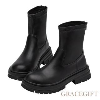 【Grace Gift】彈力顯瘦鬆糕厚底增高短靴(黑)