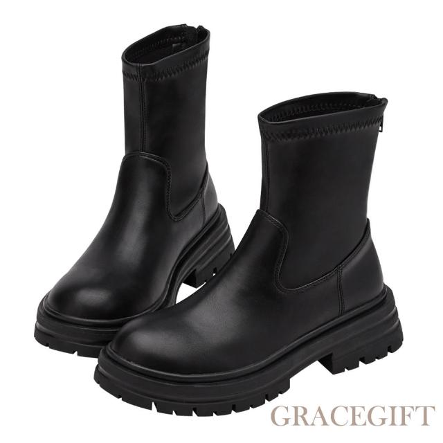 【Grace Gift】彈力顯瘦鬆糕厚底增高短靴(黑)