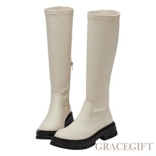 【Grace Gift】彈力顯瘦鬆糕厚底增高長靴(米白)