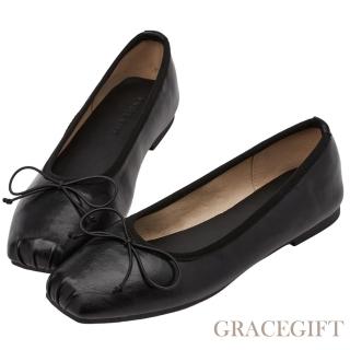 【Grace Gift】優雅方頭蝴蝶結芭蕾舞平底娃娃鞋(黑)