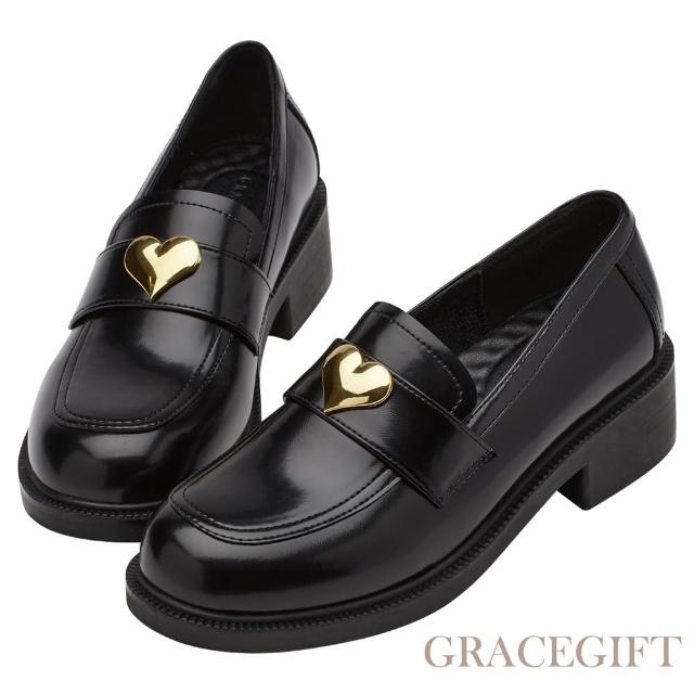 【Grace Gift】愛心金飾百搭增高厚底樂福鞋(黑)