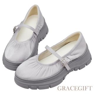 【Grace Gift】青春少女緞光抓皺芭蕾厚底瑪莉珍鞋(灰)