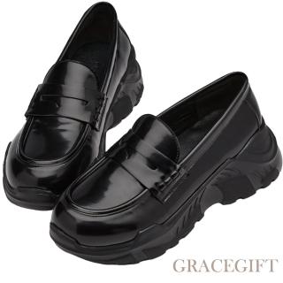 【Grace Gift】街頭潮人機能運動樂福鞋(黑漆)