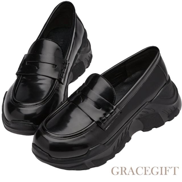 【Grace Gift】街頭潮人機能運動樂福鞋(黑漆)