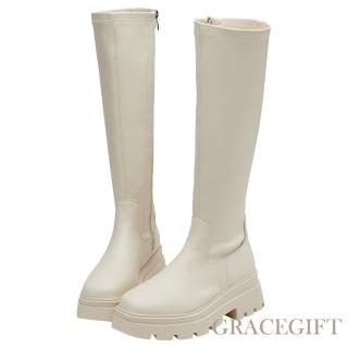 【Grace Gift】女團著用方頭鬆糕厚底瘦瘦長靴(米白)
